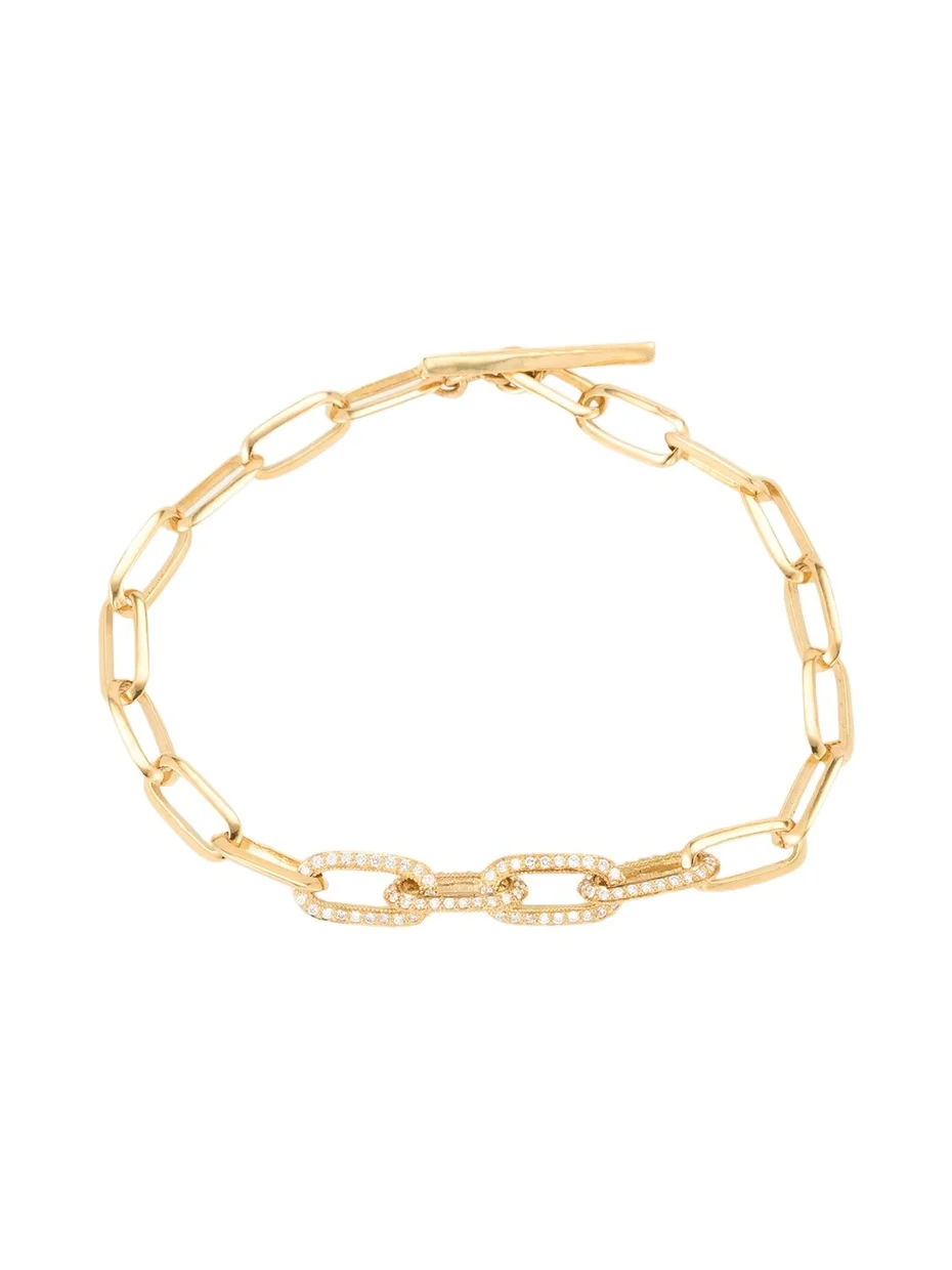 Knife Edge Oval Link Bracelet with Half Pave Diamond Links