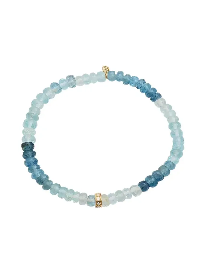 Sydney Evan 14K Gold 6mm Diamond Rondelle on Aqua Faceted Rondelle Bead Bracelet