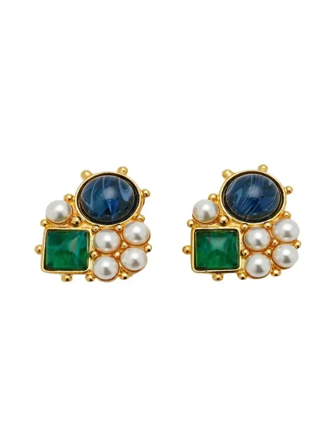 Gold Stone and Pearly Cluster Earrings