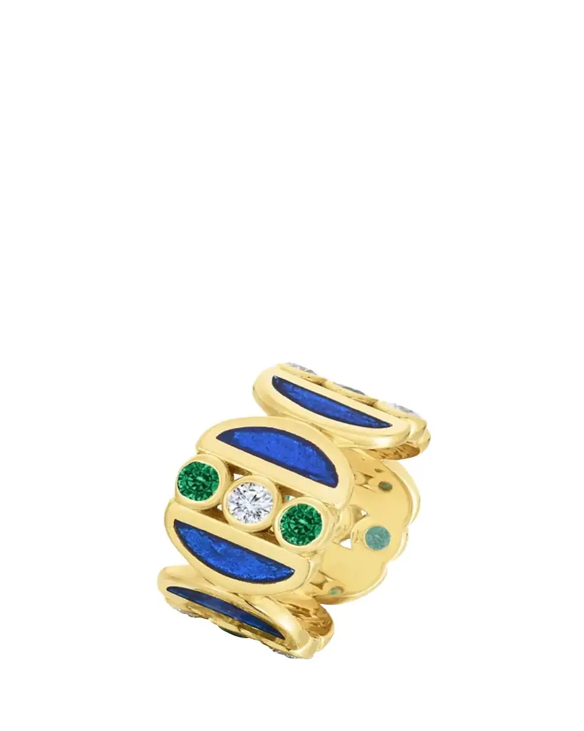 Audrey C. Jewels 18K Yellow Gold Puzzle Ring with Emeralds and Diamonds