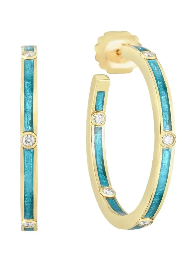 Audrey C. Jewels 18K Yellow Gold Enamel Creole Hoop Earrings with Diamonds