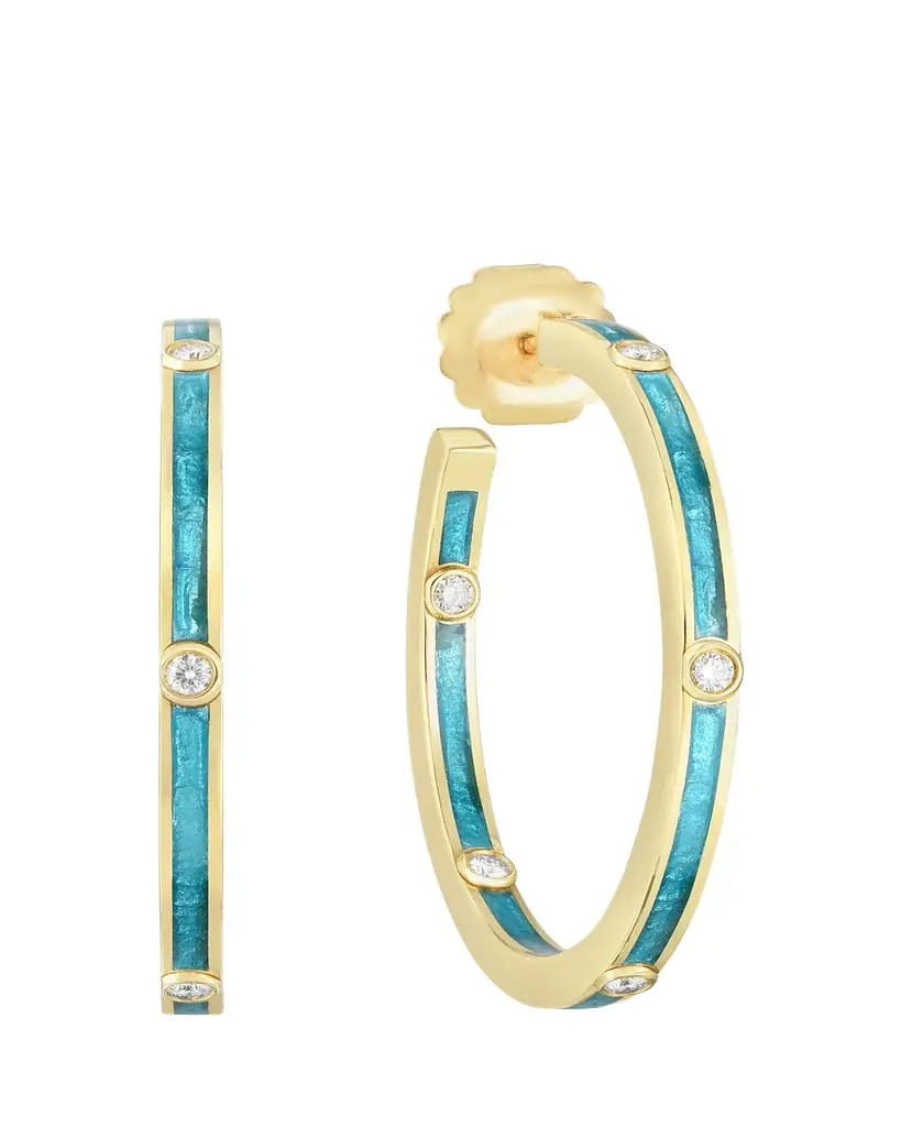 Audrey C. Jewels 18K Yellow Gold Enamel Creole Hoop Earrings with Diamonds
