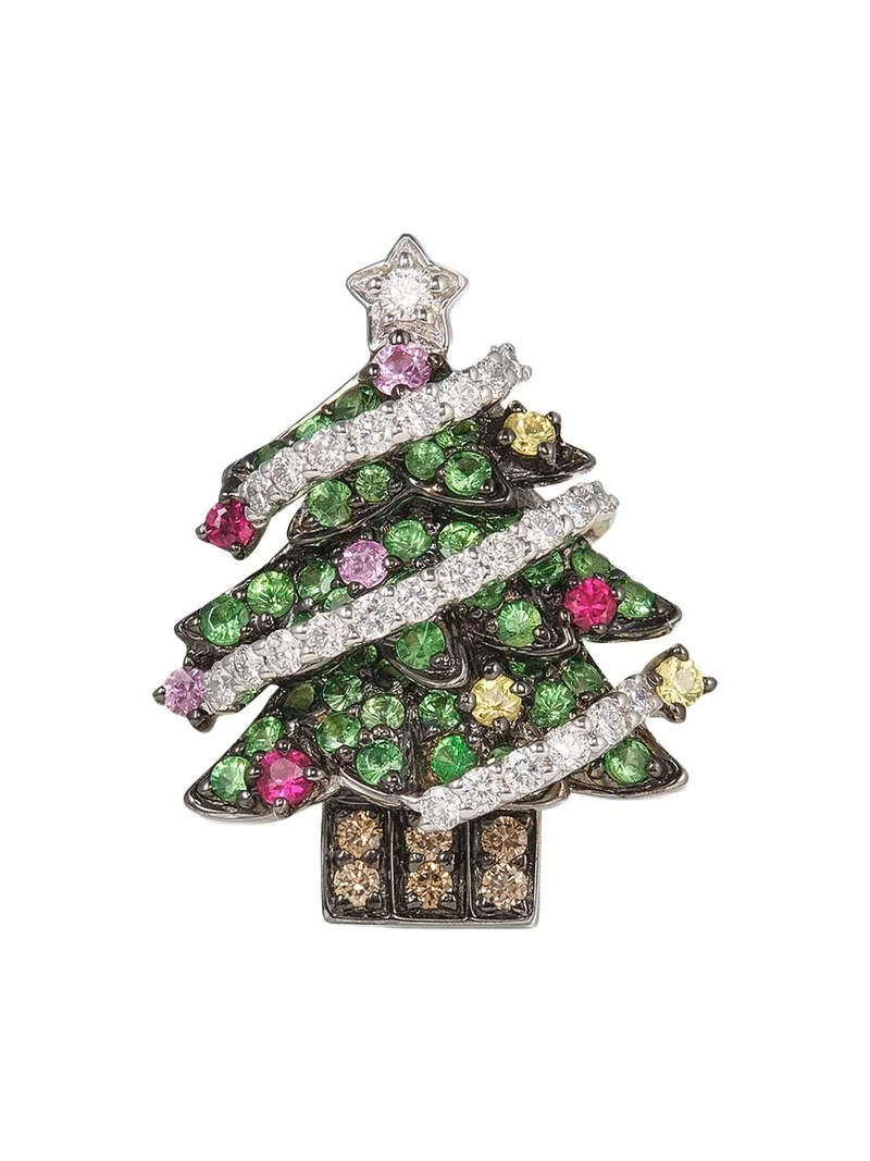 White Gold Christmas Tree Single Earring with Green Garnet and Sapphires White Gold Christmas Tree Single Earring with Green Garnet and Sapphires