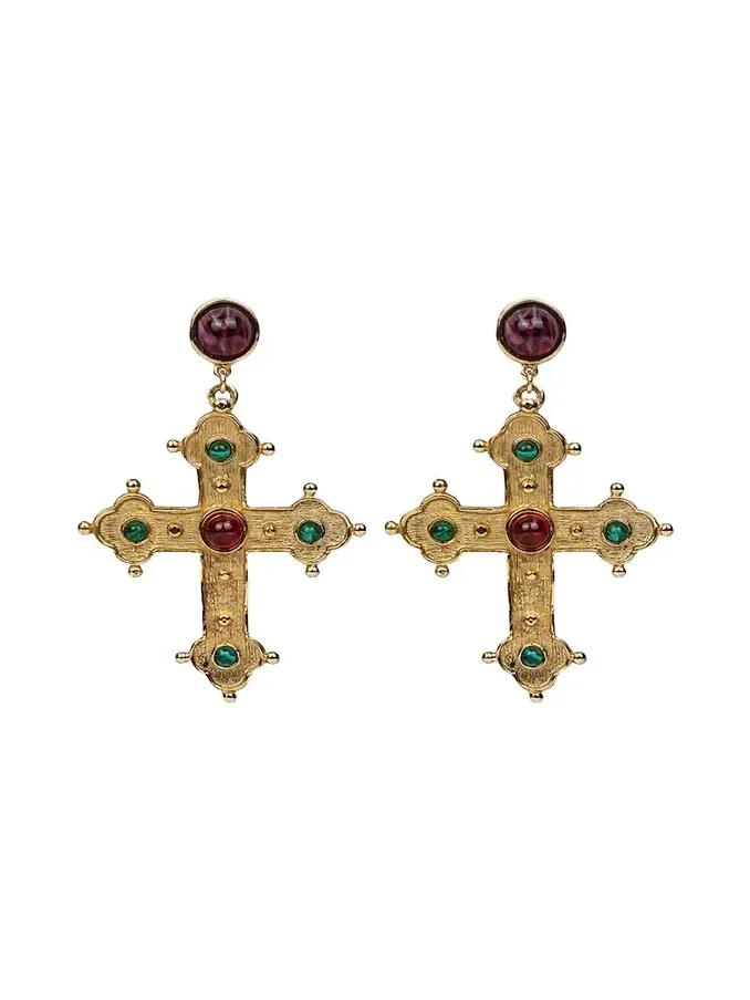 24k Gold Electroplated Ruby And Emeraldamy Cross Earrings 24k Gold Electroplated Ruby And Emeraldamy Cross Earrings