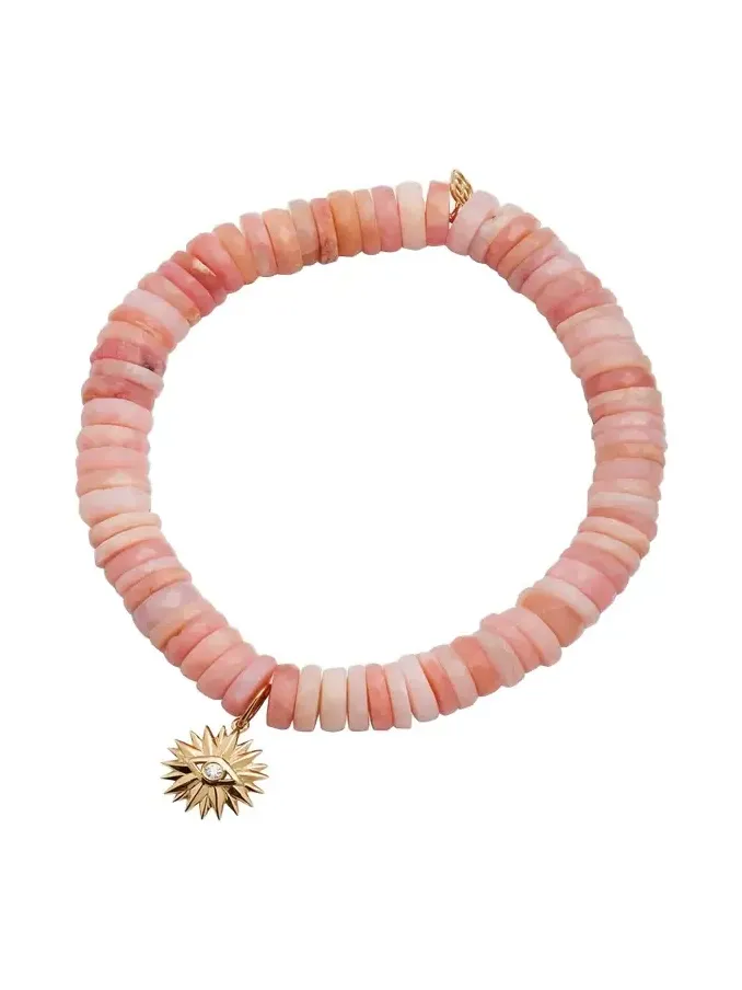 14k Pink Opal Wheel Bracelet with Diamond Evil Eye Charm 14k Pink Opal Wheel Bracelet with Diamond Evil Eye Charm