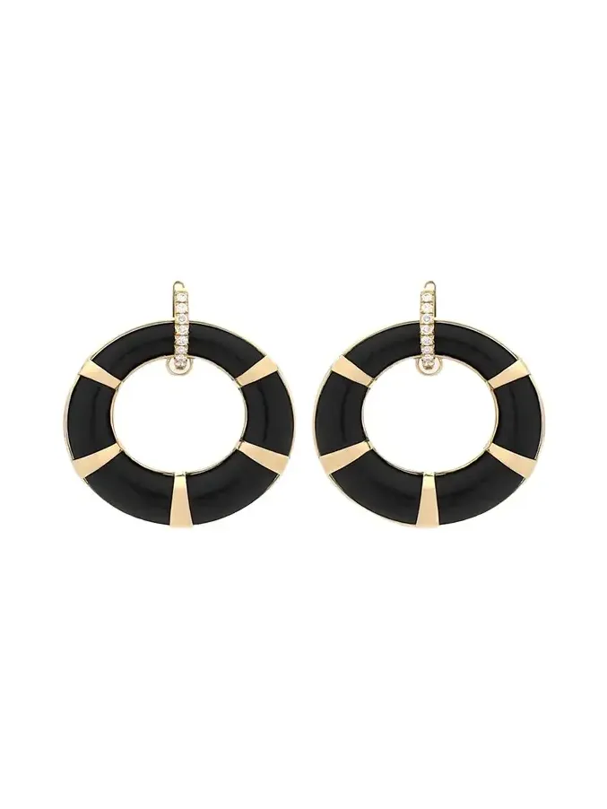18K Yellow Gold Ebony Hoop Earrings with White Diamonds