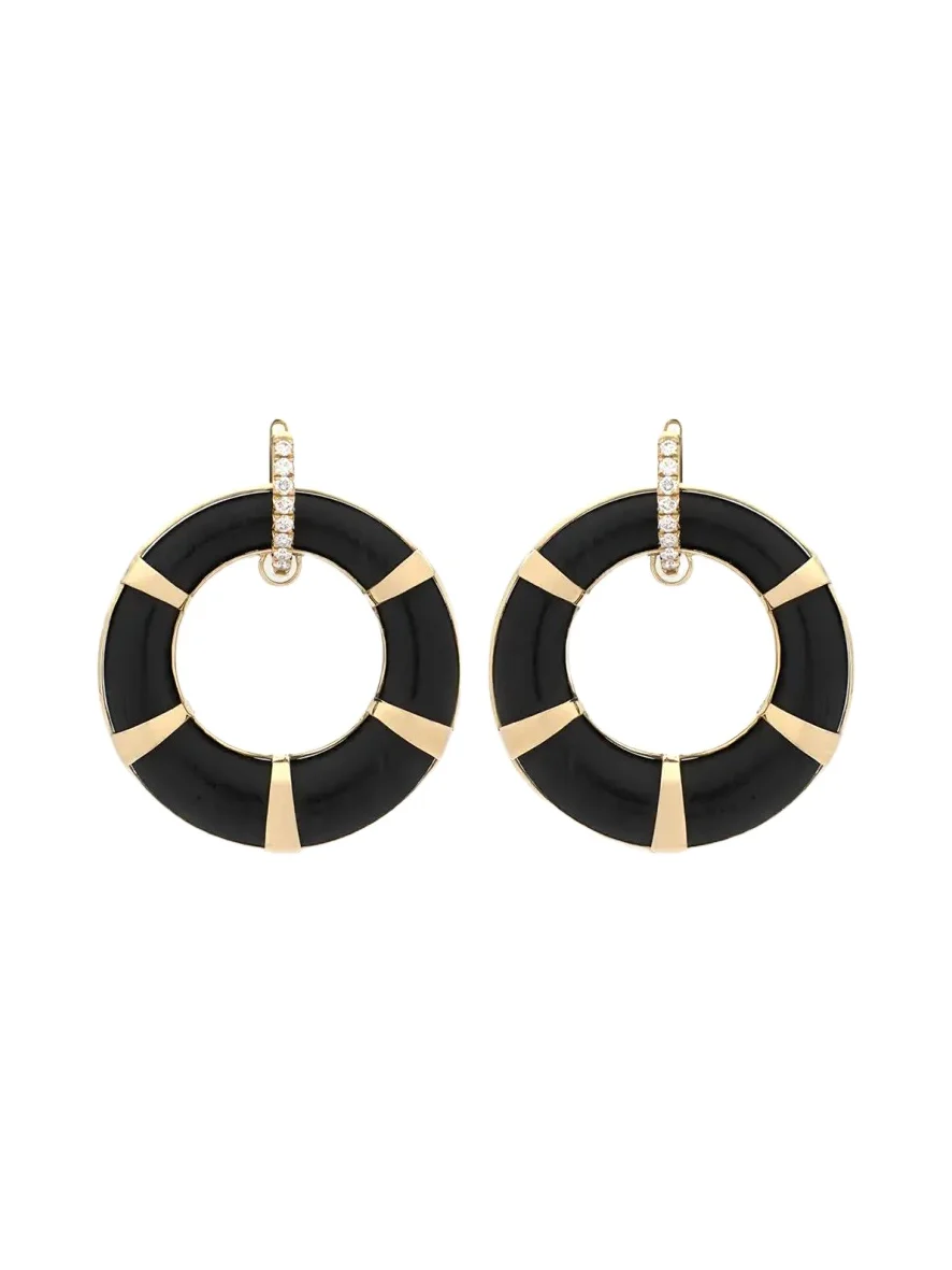 18K Yellow Gold Ebony Hoop Earrings with White Diamonds