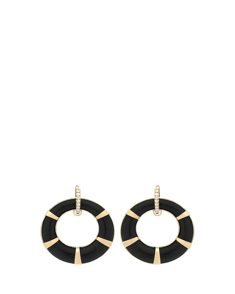 18K Yellow Gold Ebony Hoop Earrings with White Diamonds