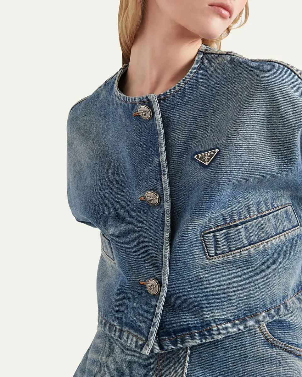 Prada Crop Collarless Denim Jacket | Thumbnail 4 Prada Crop Collarless Denim Jacket | Thumbnail 4