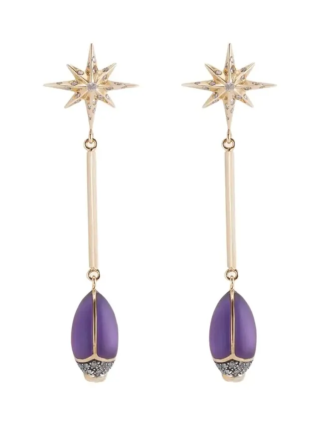 BIBI VAN DER VELDEN 18K Yellow Gold Amethyst Scarab Drop Earrings with Diamonds
