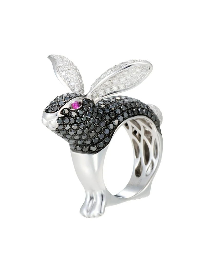 18k White Gold Black and White Diamond Bunny Ring