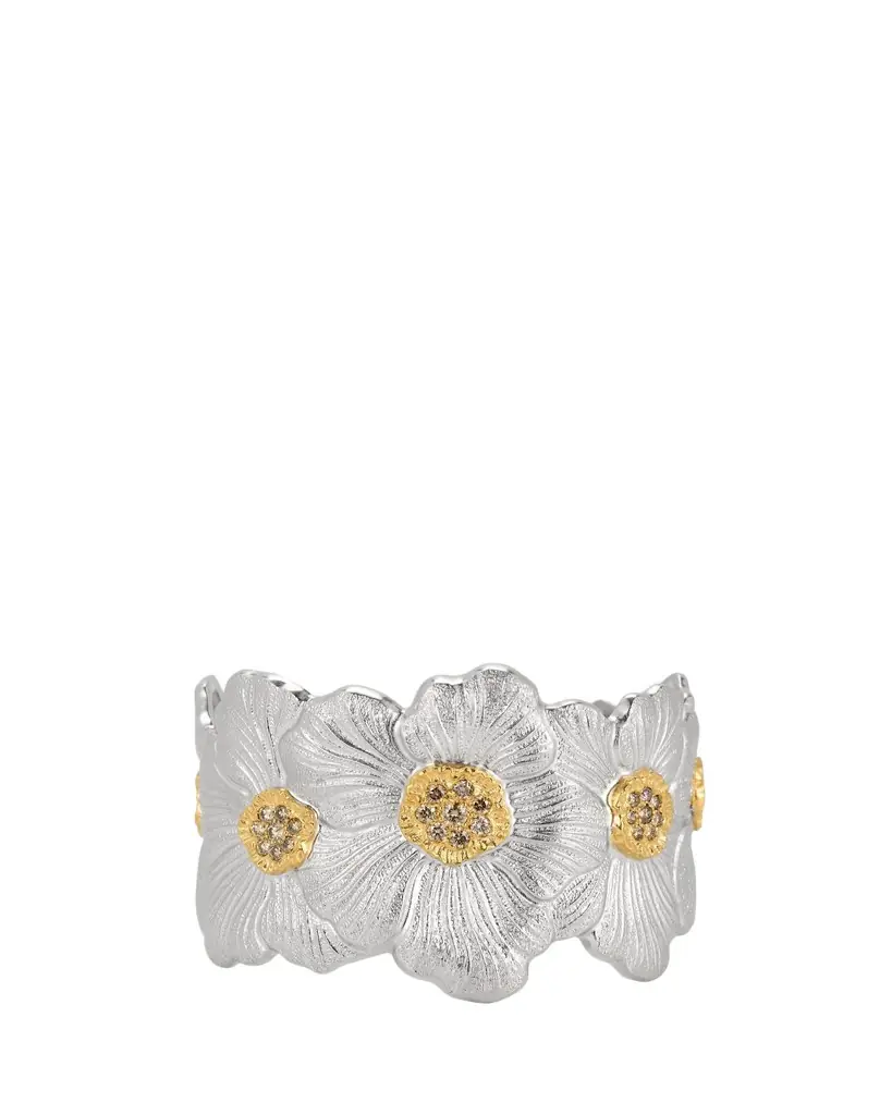 Silver and 18k Yellow Gold Gardenia Blossoms Bracelet With Diamonds