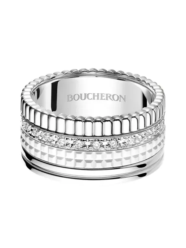 18K White Gold Large Quatre Double Ring with White HyCeram and Diamonds