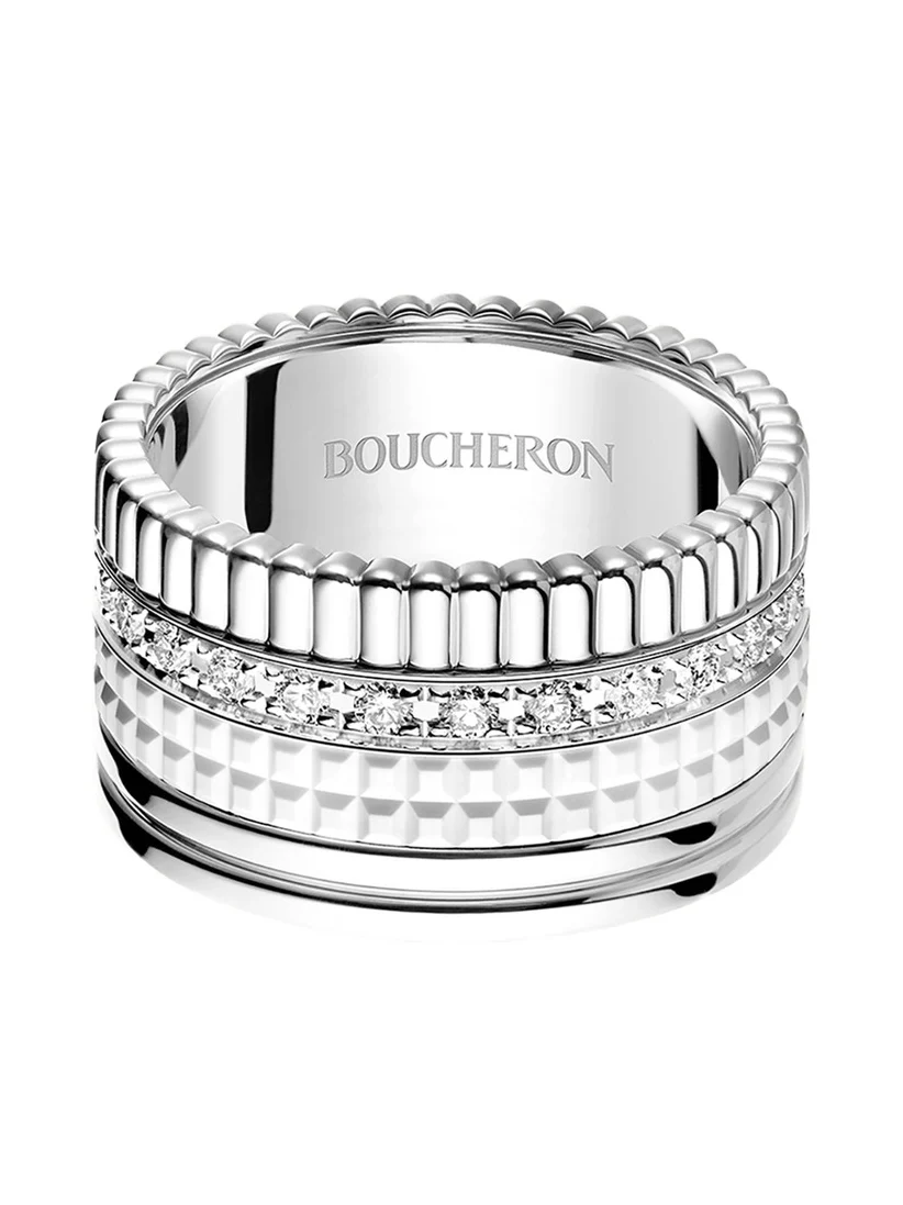 Boucheron 18K White Gold Large Quatre Double Ring with White HyCeram and Diamonds