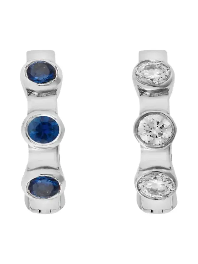 18K White Gold Midi Hoop Earrings with White Diamonds and Blue Sapphires 18K White Gold Midi Hoop Earrings with White Diamonds and Blue Sapphires