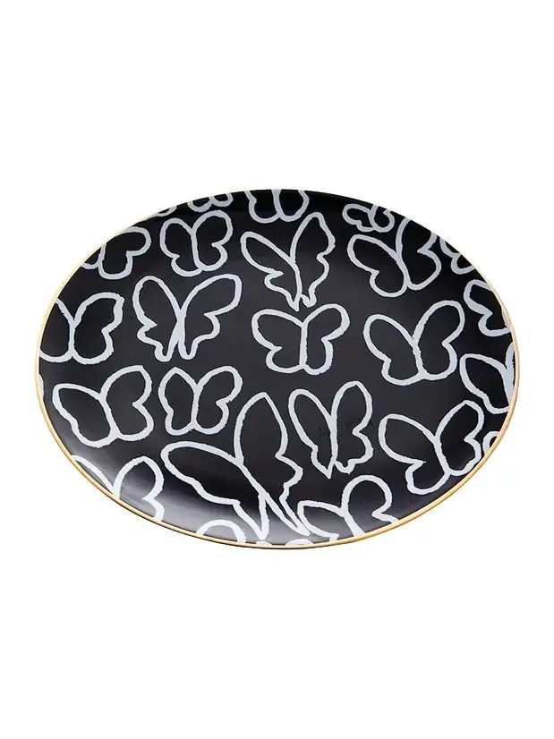 Hunt Slonem Butterfly Dinner Plate with Gold Rim - Black