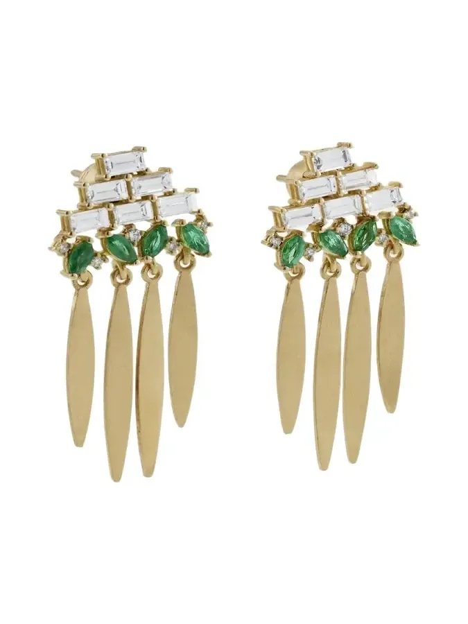 18K Yellow Gold Grass Spike Earrings with Diamonds and Emeralds 18K Yellow Gold Grass Spike Earrings with Diamonds and Emeralds