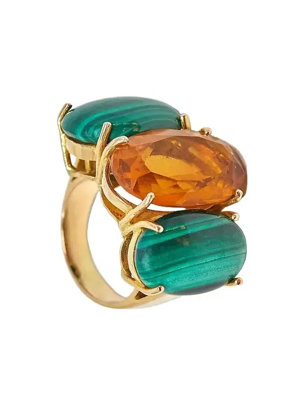 18k Yellow Gold Citrine Quartz Malachite Trilogy Ring