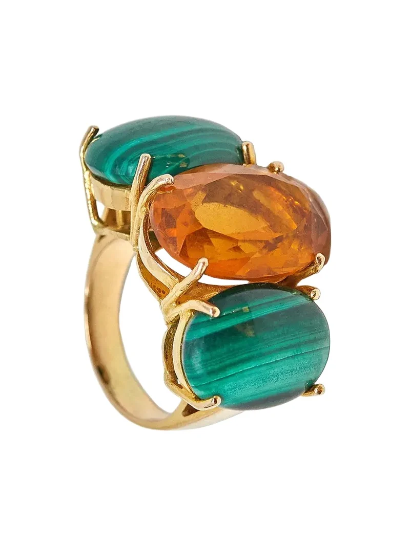 18k Yellow Gold Citrine Quartz Malachite Trilogy Ring 18k Yellow Gold Citrine Quartz Malachite Trilogy Ring