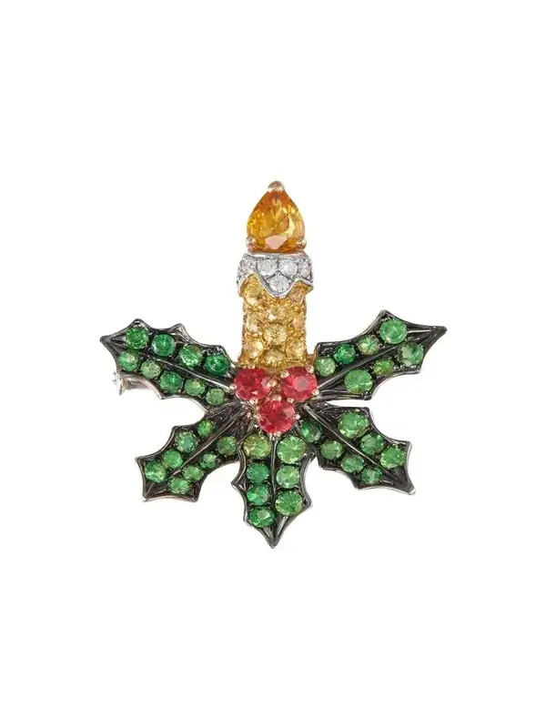 White Gold Holly Jolly Brooch with Diamonds, Sapphires, Garnets, and Rubies White Gold Holly Jolly Brooch with Diamonds, Sapphires, Garnets, and Rubies