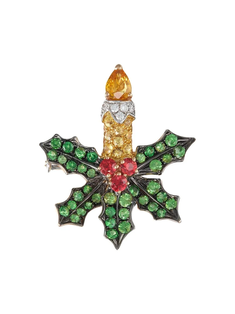 White Gold Holly Jolly Brooch with Diamonds, Sapphires, Garnets, and Rubies