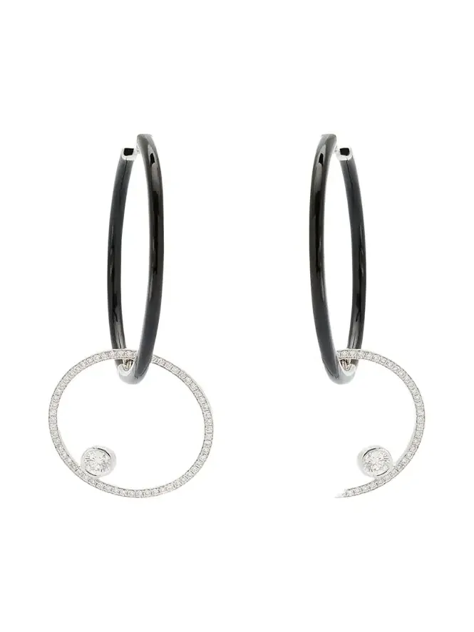Oui Black Enamel Hoop Earrings with Pave Ring and Round Diamonds