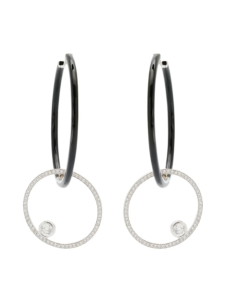 Oui Black Enamel Hoop Earrings with Pave Ring and Round Diamonds Oui Black Enamel Hoop Earrings with Pave Ring and Round Diamonds