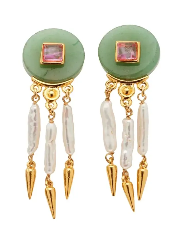Madre Pearl, Aventurine and Rose Crystal Clip Earrings