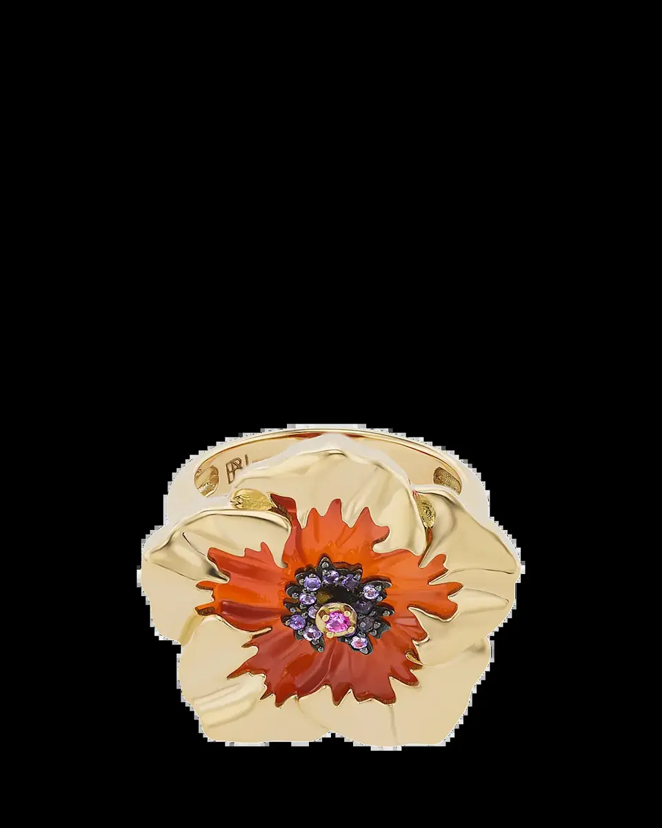 Brent Neale 18K Yellow Gold Carnelian Hibiscus Ring with Sapphire and Amethyst | Thumbnail 2