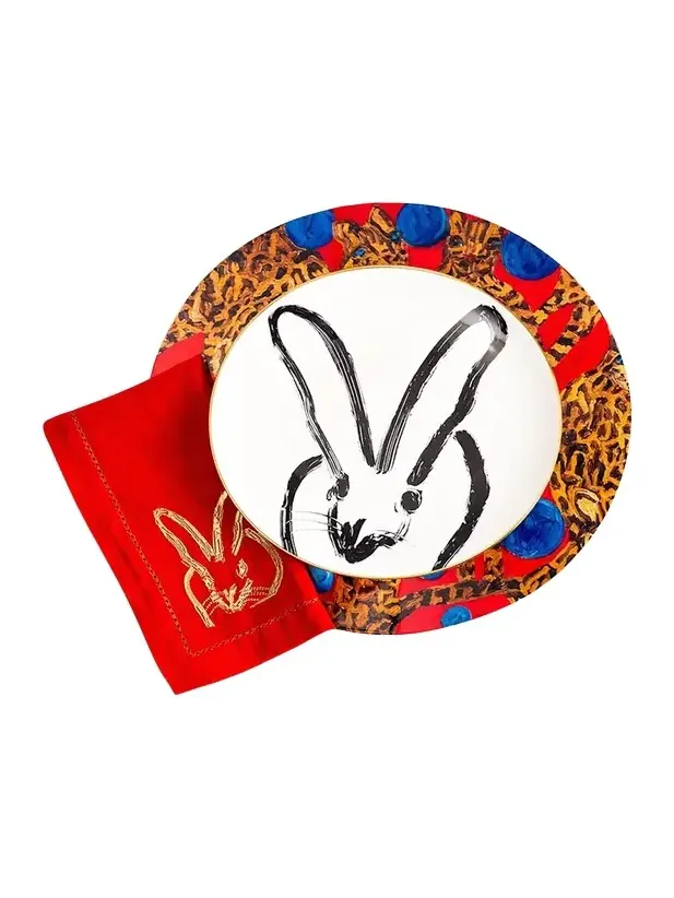 Hunt Slonem Painted Bunny Embroidered Dinner Napkin, Red/Gold