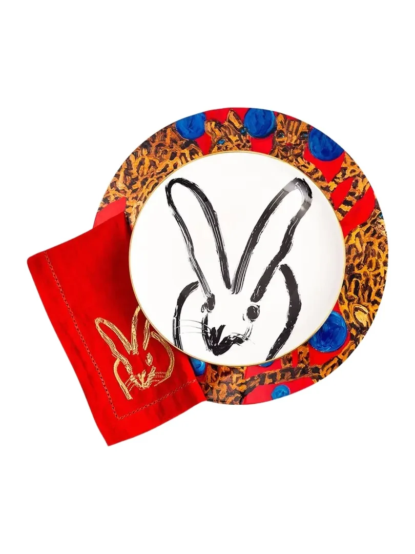 Hunt Slonem Painted Bunny Embroidered Dinner Napkin, Red/Gold