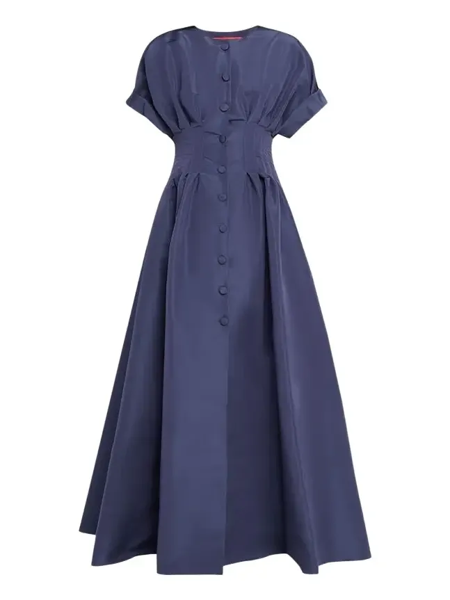 Corset-Waist Short-Sleeve Button-Front Gown