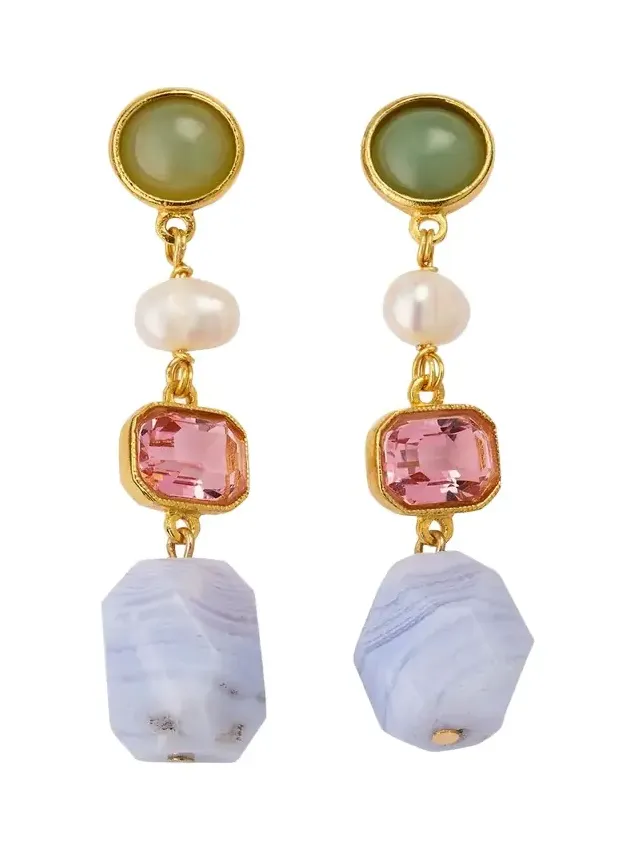 24k Electroplated Gold Mixed-Stone Drop Earrings 24k Electroplated Gold Mixed-Stone Drop Earrings