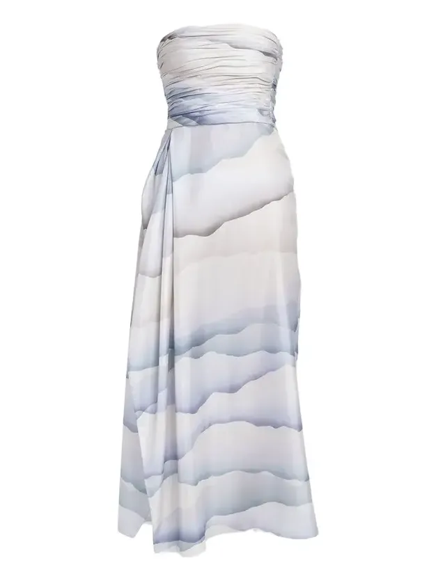 Printed Strapless Ruched Silk Dress