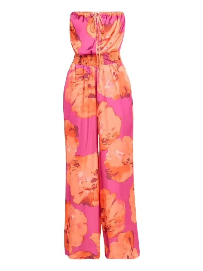 Mindy Watercolor Bloom Strapless Wide-Leg Jumpsuit