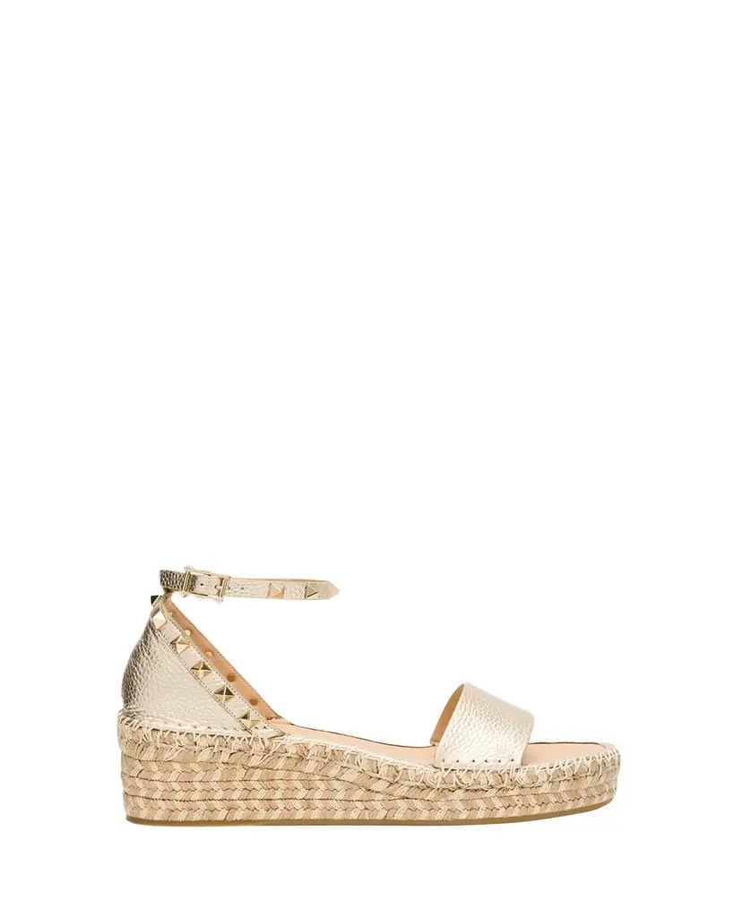Valentino Garavani Rockstud Metallic Ankle-Strap Flatform Espadrilles | Image 1 Valentino Garavani Rockstud Metallic Ankle-Strap Flatform Espadrilles | Image 1