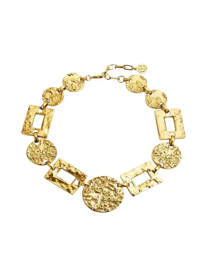 24k Gold Electroplated Textured Statement Round And Rectangular Necklace