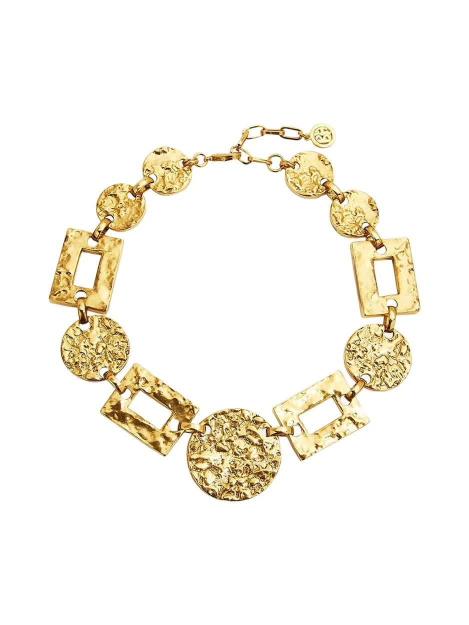 24k Gold Electroplated Textured Statement Round And Rectangular Necklace
