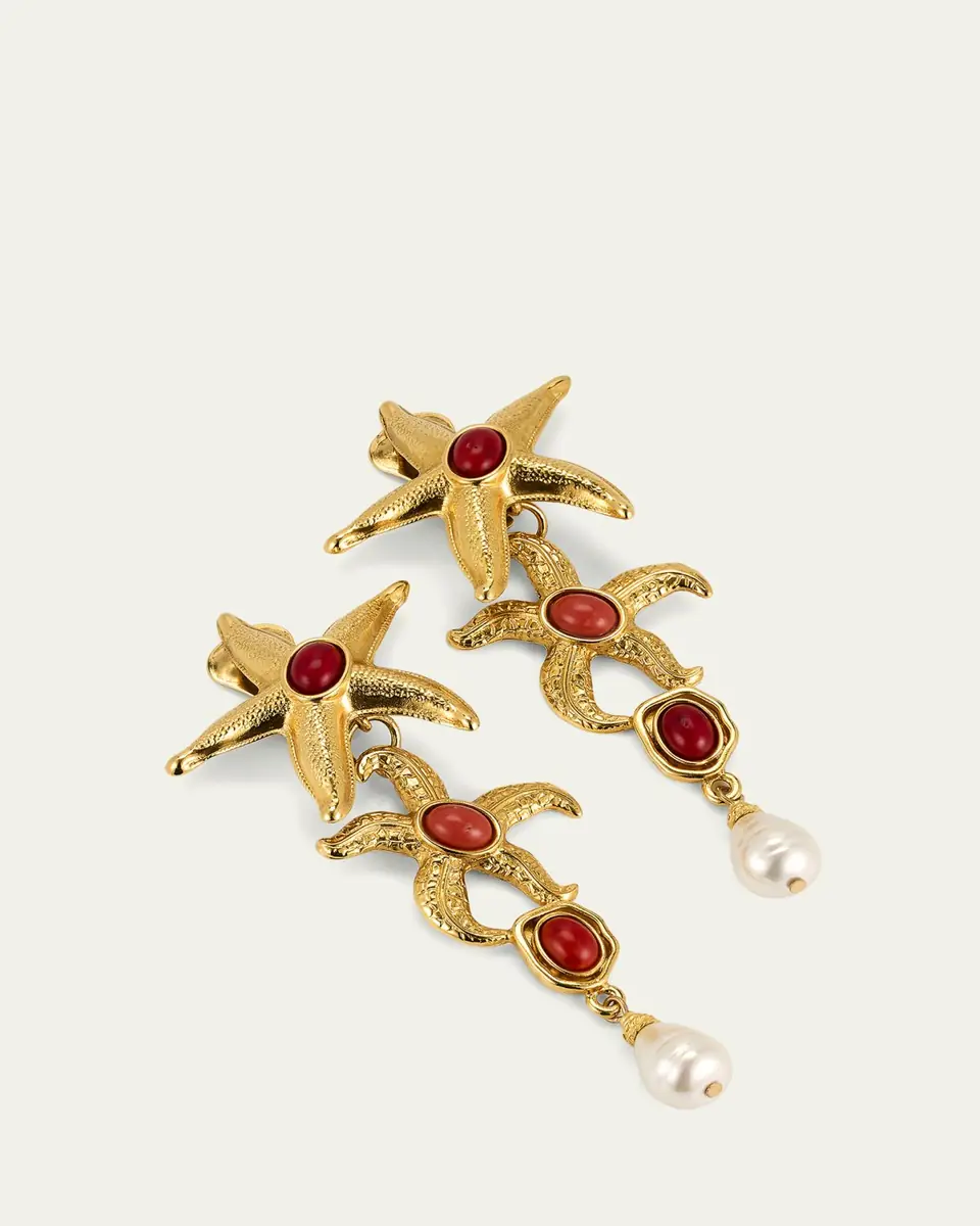 ben-amun Starfish Clip On Earrings with Pearly Drops and Coral Stones | Thumbnail 3