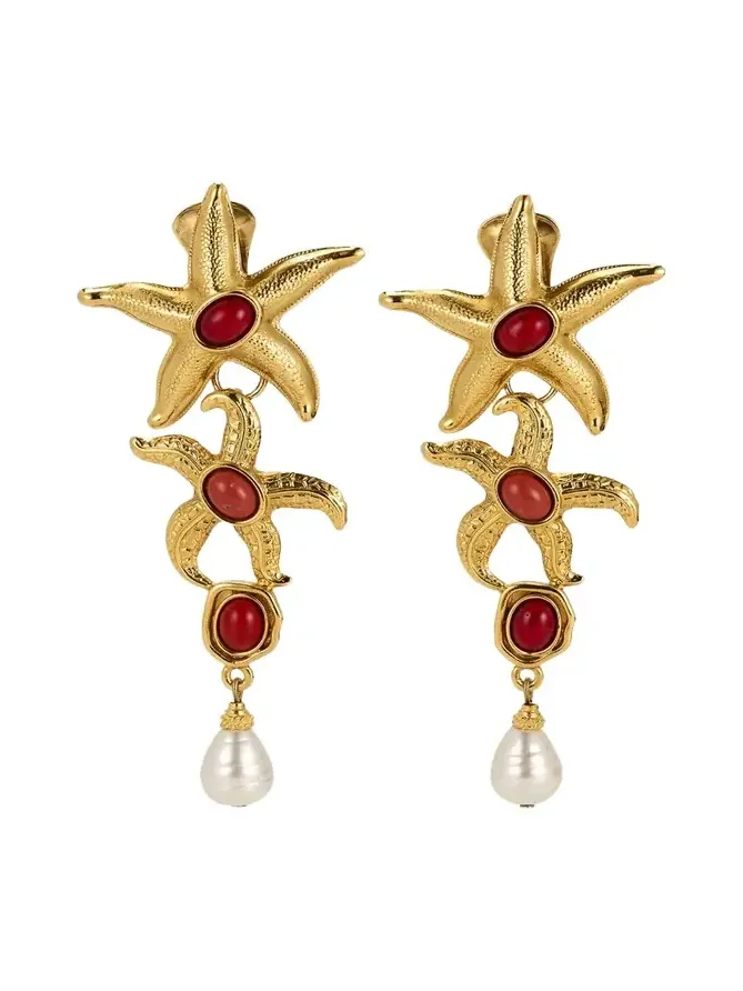 Starfish Clip On Earrings with Pearly Drops and Coral Stones Starfish Clip On Earrings with Pearly Drops and Coral Stones