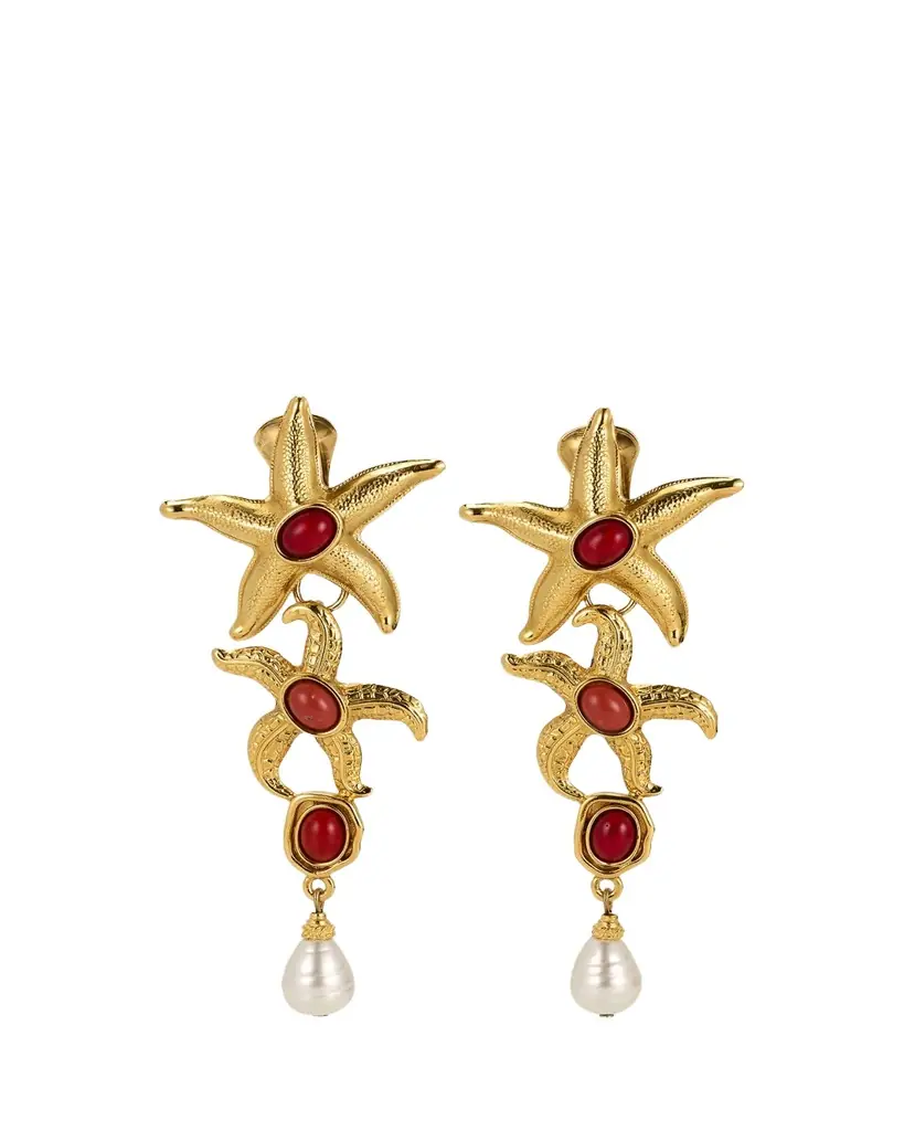 ben-amun Starfish Clip On Earrings with Pearly Drops and Coral Stones | Image 1 ben-amun Starfish Clip On Earrings with Pearly Drops and Coral Stones | Image 1