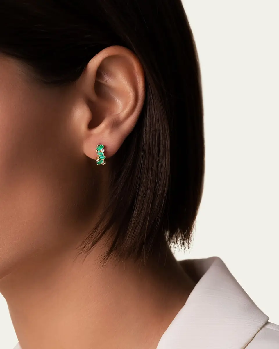 Suzanne Kalan 18k Yellow Gold Fireworks Emerald & Diamond Huggie Earrings | Thumbnail 3