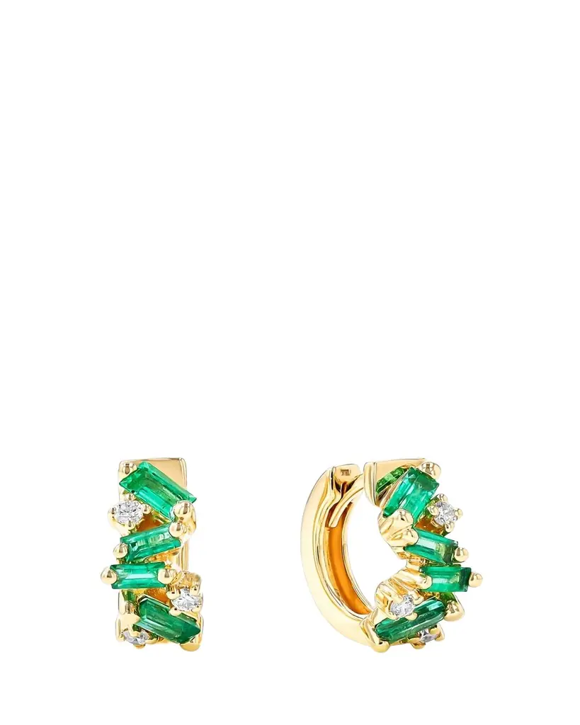 Suzanne Kalan 18k Yellow Gold Fireworks Emerald & Diamond Huggie Earrings | Image 1 Suzanne Kalan 18k Yellow Gold Fireworks Emerald & Diamond Huggie Earrings | Image 1