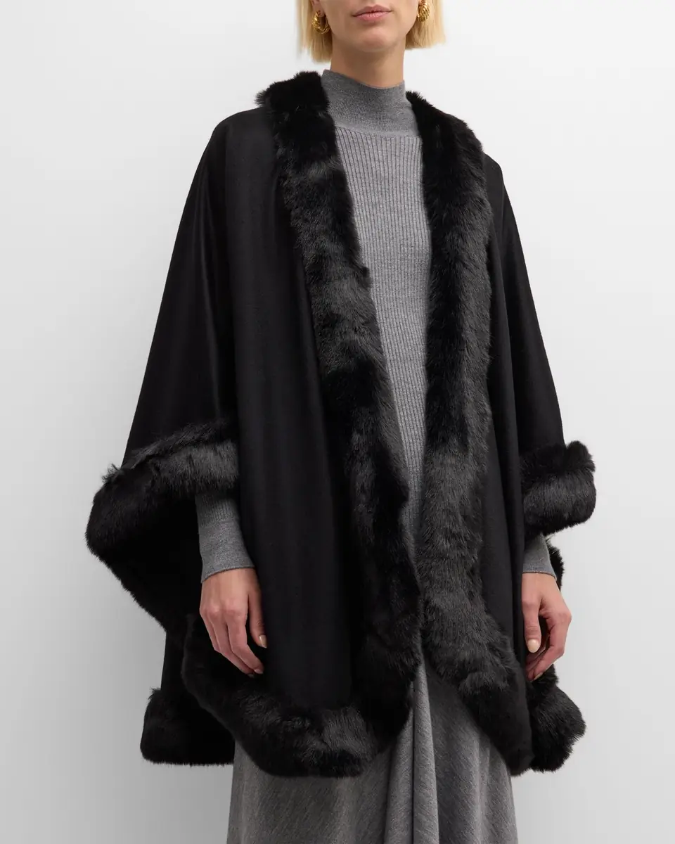 Sofia Cashmere Faux Fur Trim Cashmere Cape | Thumbnail 4