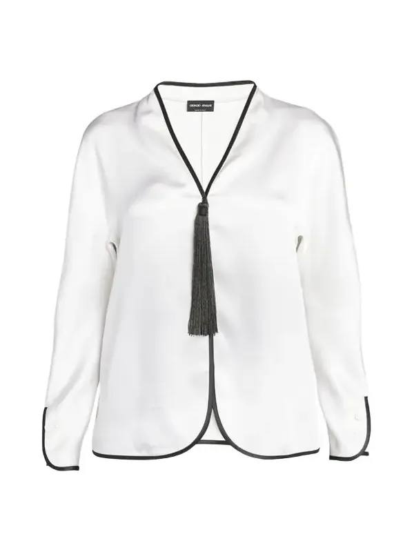 Tassel Silk Blouse with Contrast Tipping Tassel Silk Blouse with Contrast Tipping