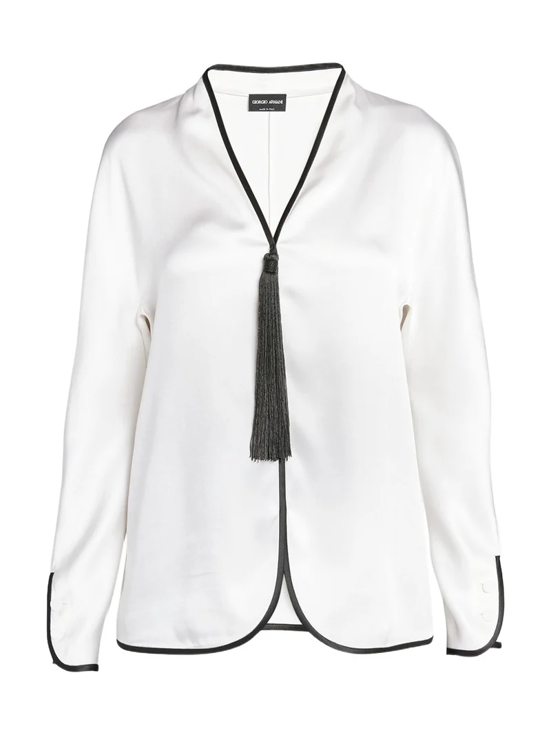 Tassel Silk Blouse with Contrast Tipping Tassel Silk Blouse with Contrast Tipping