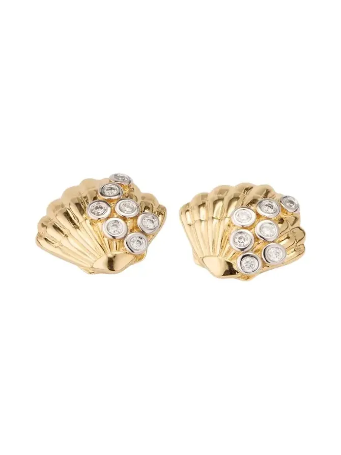 Clam Shell 14K Gold Diamond Stud Earring, Single Clam Shell 14K Gold Diamond Stud Earring, Single
