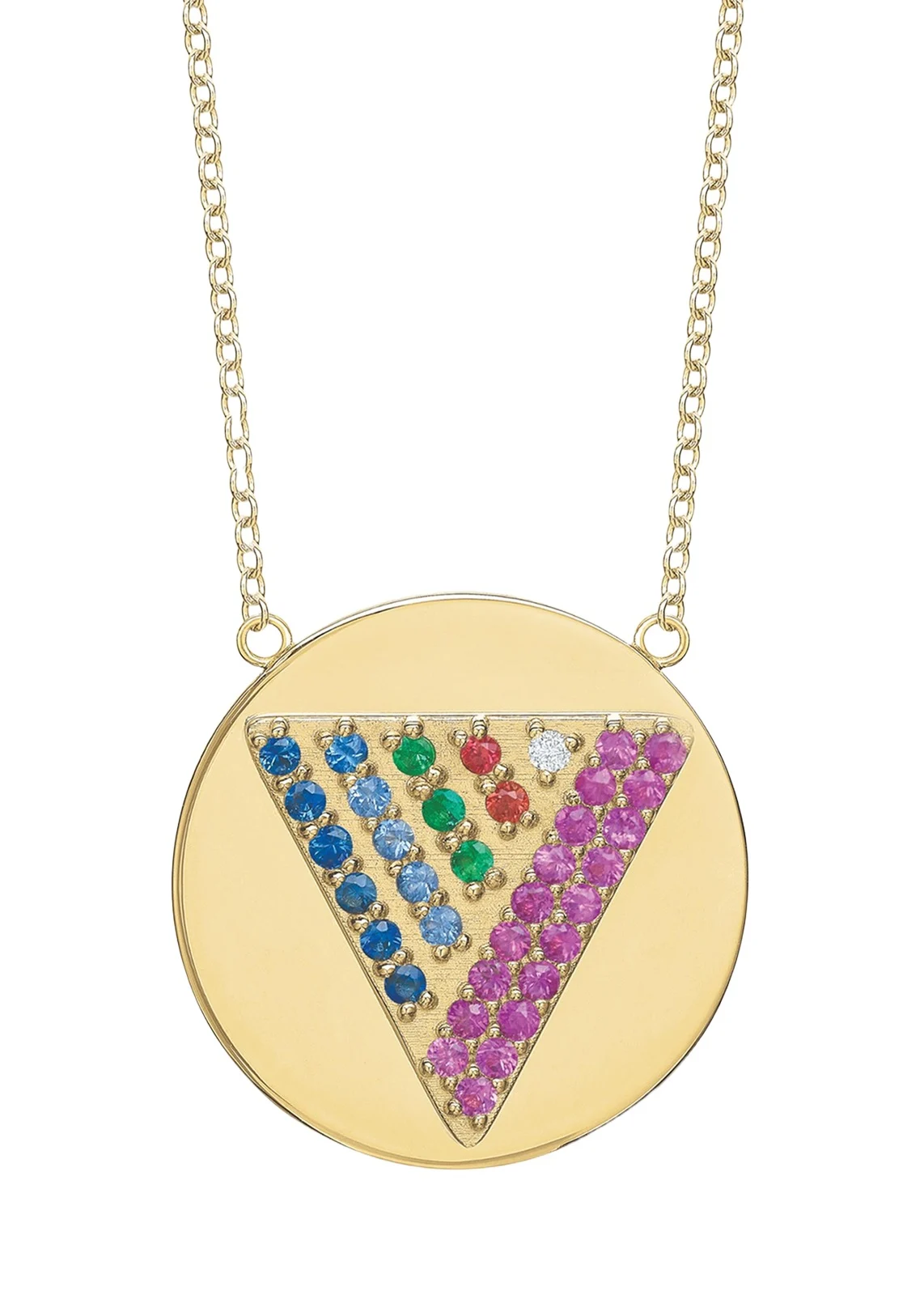 14K Gold Love Triangle Rainbow Sapphire Token Necklace