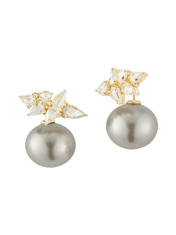 Mizuki 18K Yellow Gold Horizon Earrings with 13mm South Sea Pearls and Rose Cut Diamonds