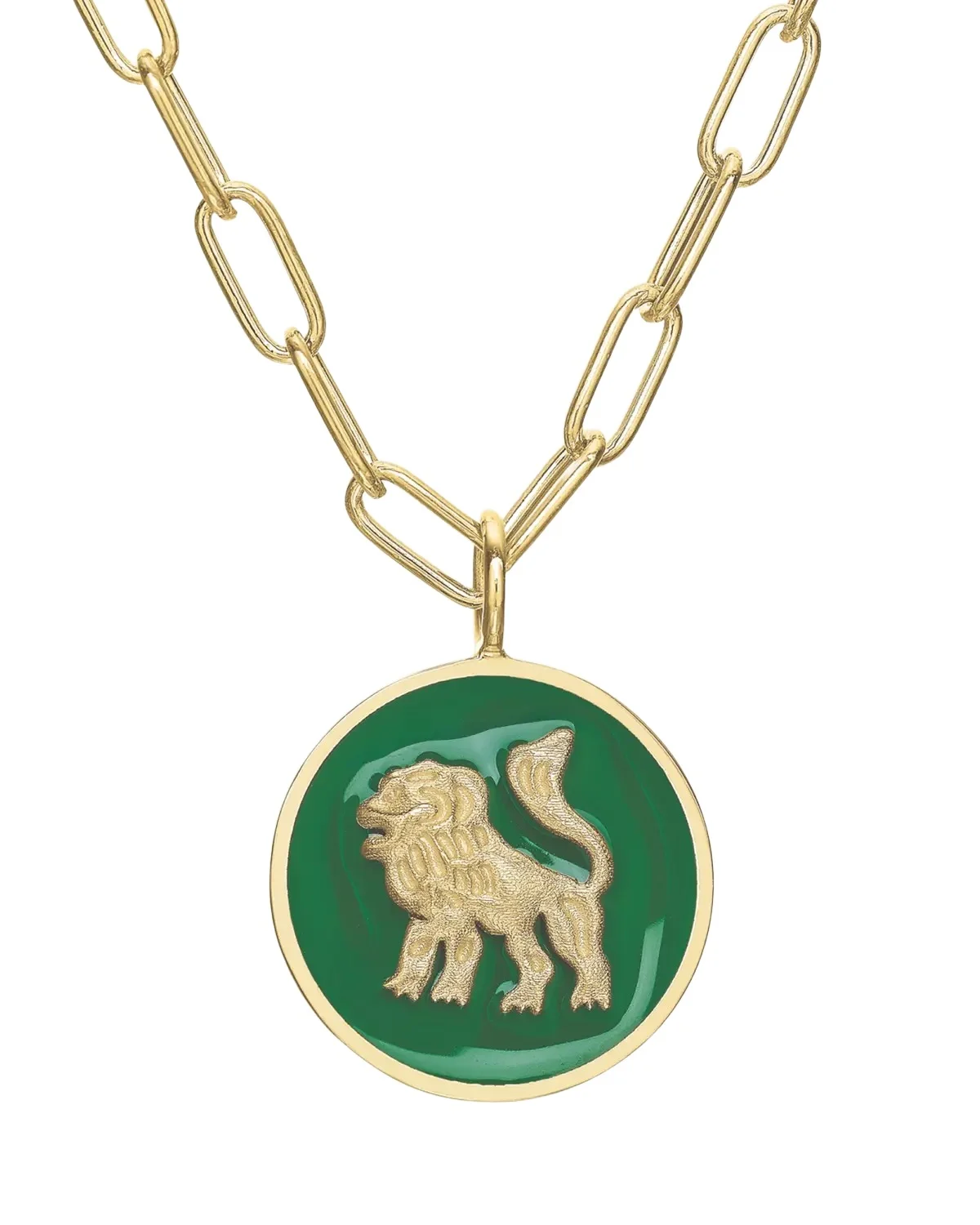 Tracee Nichols 14K Gold Mini Lion Green Enamel Token Necklace